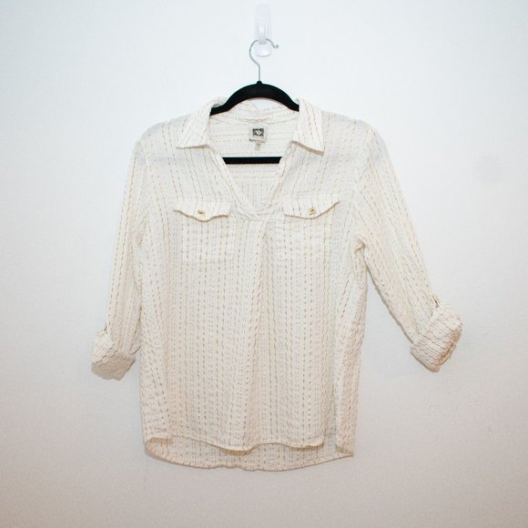 Anne Klein Tops - Anne Klein Rolled Sleeve Collard White And Gold Striped Blouse Size Large
